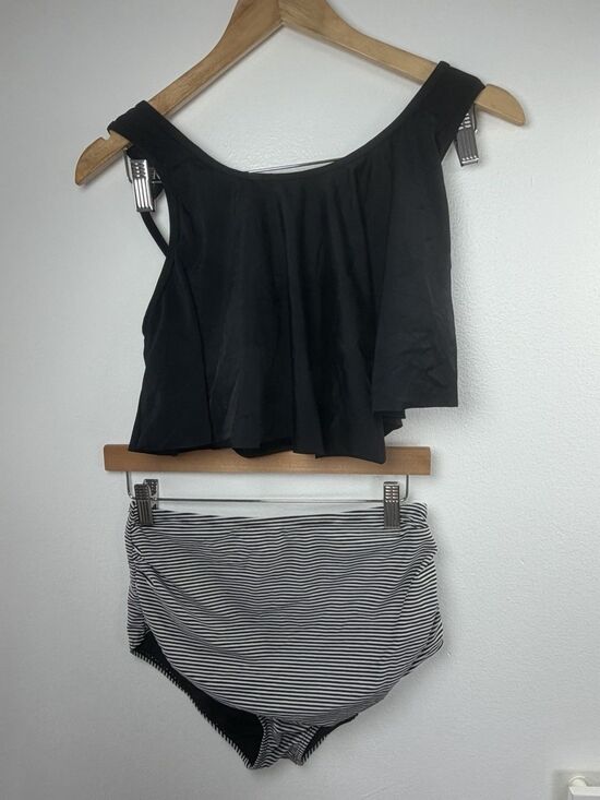 Unbranded Other - 2Piece Tankini Swimsuit Black Ruffle Top Striped High Waist Size S